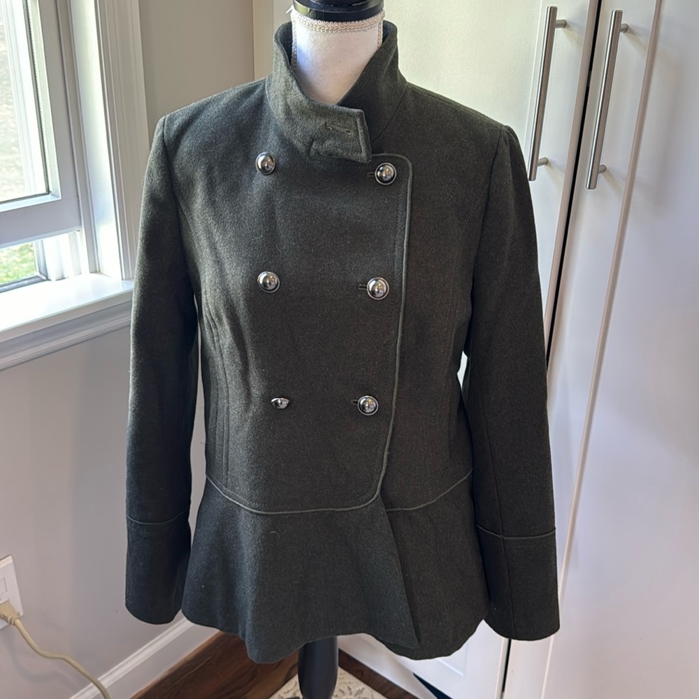 Banana Republic Double-Breasted Dark Green Wool Military Peplum Jacket